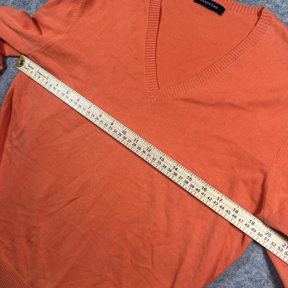 Lands' End V-Neck Sweater Large Orange Solid Knit Cotton Blend